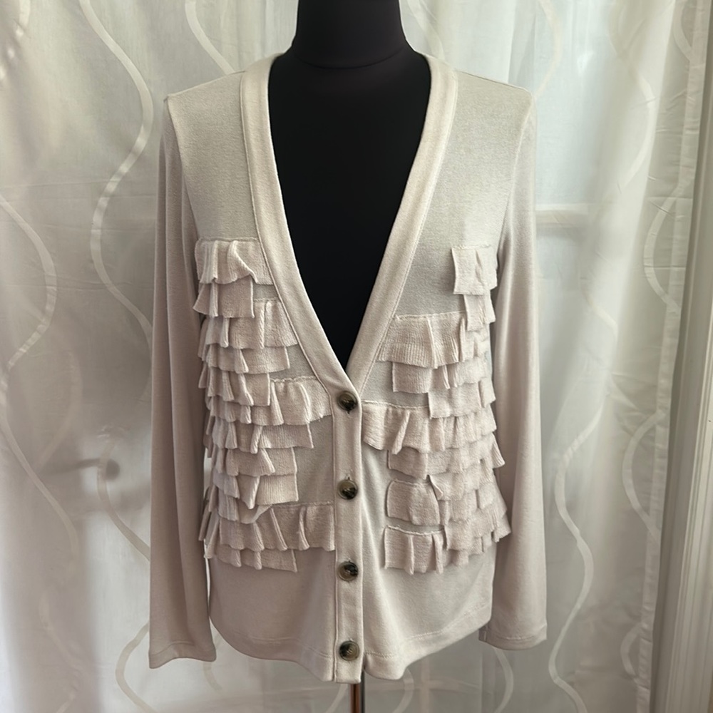 Ann Taylor Tan, V Neck, Button Down Cardigan with Ruffles, Size Small - Picture 1 of 5